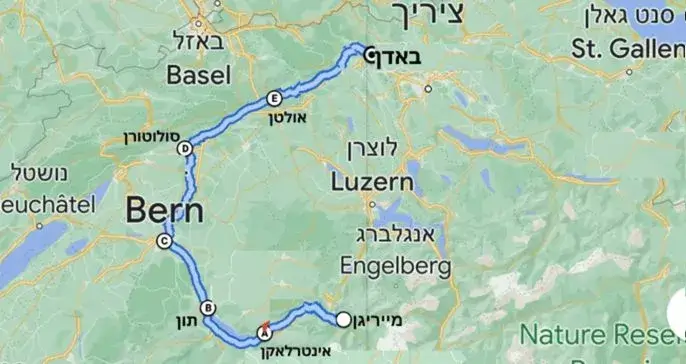 מפה של מסלול אופניים בשוויץ בטיול אופניים עם רויטל