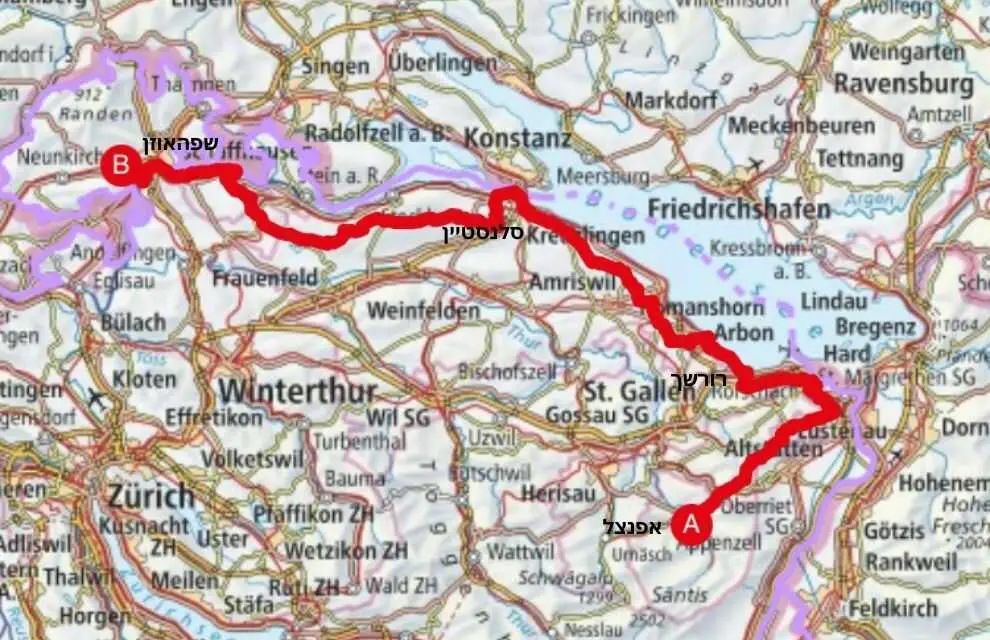 מפת המסלול לטיול אופניים ויוגה בשוויץ